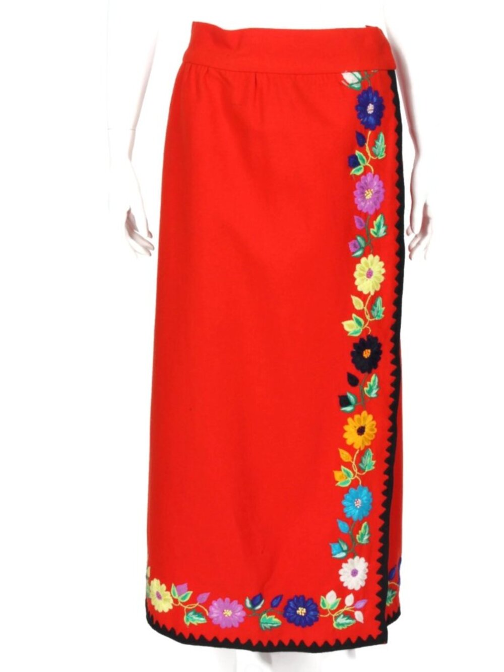 Vtg 70s YOLANDA Ecuador Red Virgin Wool Embroidered Floral Maxi Skirt sz L /083